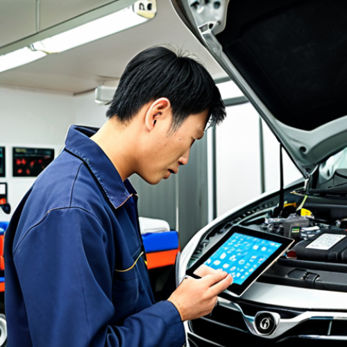 **Prompt:** A modern car repair shop, clean and well-lit. A mechanic (male, 30s) uses a tablet to diagnose a complex engine issue on a futuristic electric car.  Various diagnostic tools and equipment are visible. Focus on technology and expertise. Japanese text "未来の整備" in the background.
    **Negative Prompt:** Old, dirty, cluttered, greasy, outdated tools.