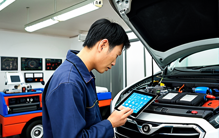 **Prompt:** A modern car repair shop, clean and well-lit. A mechanic (male, 30s) uses a tablet to diagnose a complex engine issue on a futuristic electric car.  Various diagnostic tools and equipment are visible. Focus on technology and expertise. Japanese text "未来の整備" in the background.
    **Negative Prompt:** Old, dirty, cluttered, greasy, outdated tools.