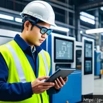 설비 유지보수 기술 트렌드 분석 - A modern industrial maintenance scene featuring a technician wearing safety gear and smart glasses, ...