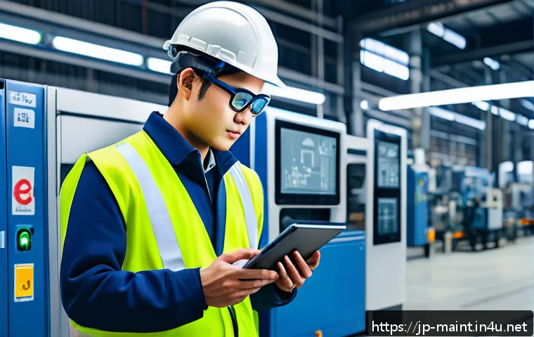 설비 유지보수 기술 트렌드 분석 - A modern industrial maintenance scene featuring a technician wearing safety gear and smart glasses, ...