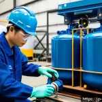압축기 설비 유지보수 실무 - A detailed industrial scene showing a skilled Japanese technician performing a pre-operation inspect...