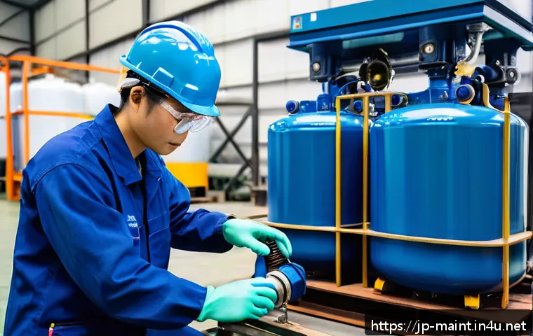 압축기 설비 유지보수 실무 - A detailed industrial scene showing a skilled Japanese technician performing a pre-operation inspect...