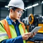 생산설비 유지보수 기초 이론 - A modern industrial factory interior featuring a maintenance technician wearing safety gear and smar...