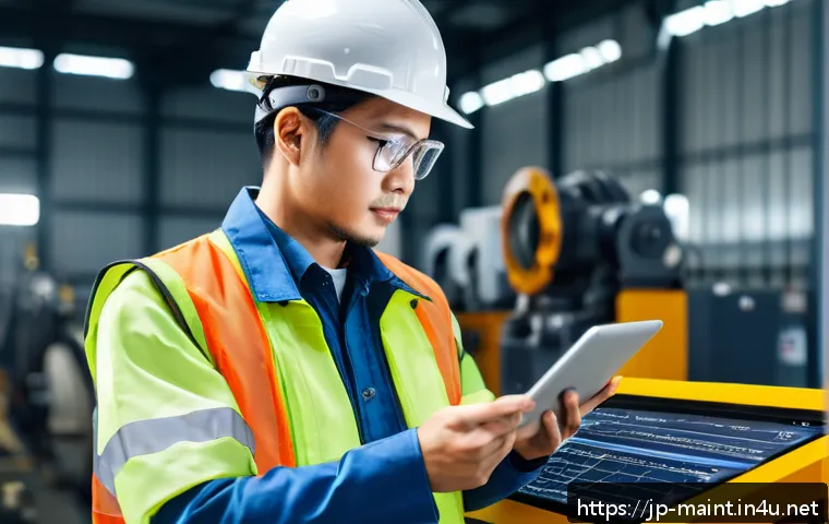 생산설비 유지보수 기초 이론 - A modern industrial factory interior featuring a maintenance technician wearing safety gear and smar...